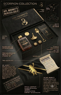 Mr. Manny's Moruga Gold Scorpion Collection. The image details a luxury black box containing a 50ml Scorpion Venom vial, precision-machined spinning top, twin golden dice, a golden spoon, and a recipe card, alongside a black and gold Mr. Manny custom flag and official contract.