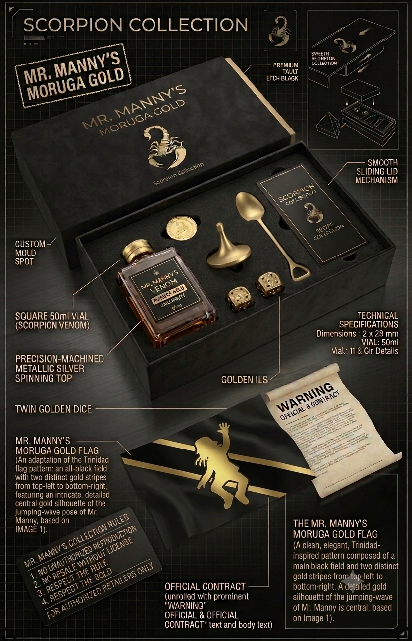 Mr. Manny's Moruga Gold Scorpion Collection. The image details a luxury black box containing a 50ml Scorpion Venom vial, precision-machined spinning top, twin golden dice, a golden spoon, and a recipe card, alongside a black and gold Mr. Manny custom flag and official contract.