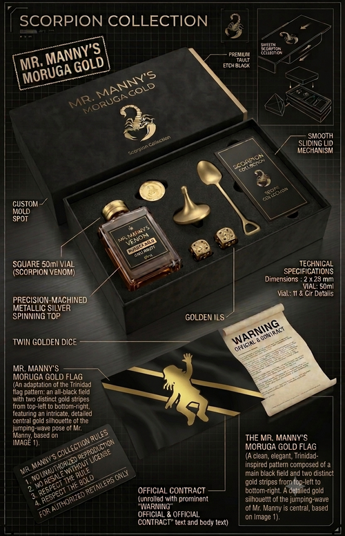 Mr. Manny's Moruga Gold Scorpion Collection. The image details a luxury black box containing a 50ml Scorpion Venom vial, precision-machined spinning top, twin golden dice, a golden spoon, and a recipe card, alongside a black and gold Mr. Manny custom flag and official contract.